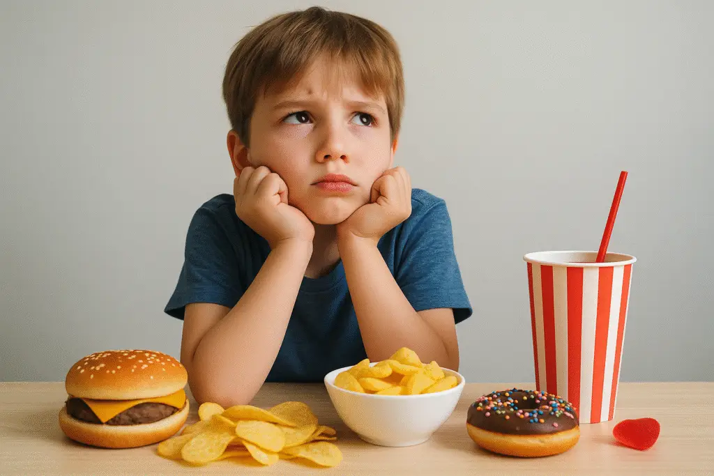 Young boy looking concerned while surrounded by unhealthy food like chips, soda, and a donut