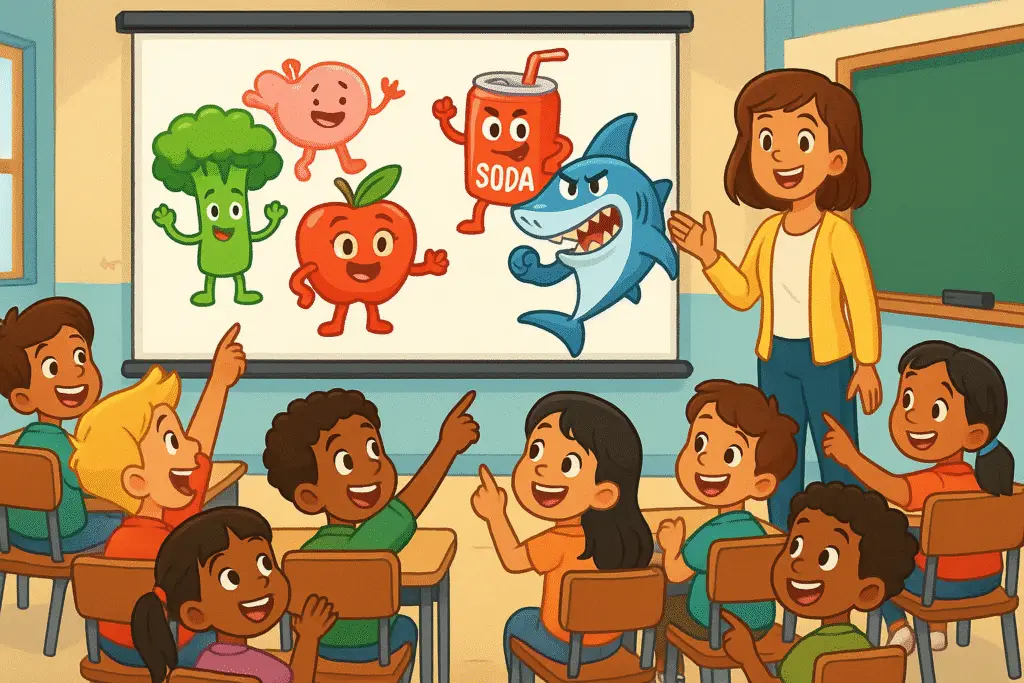 Cartoon-style illustration of children in a classroom watching an educational video featuring animated food characters.