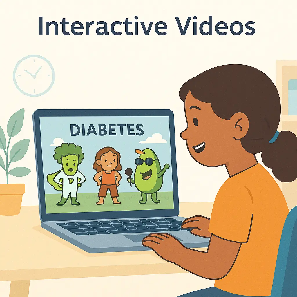 Young girl watching animated diabetes education video with Captain Broccoli, Lady Lentil, and Sugar Shark on her laptop