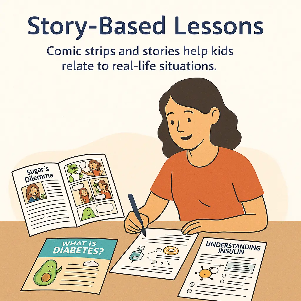 Young girl reviewing diabetes comic strips and educational worksheets titled “Sugar’s Dilemma,” “Understanding Insulin,” and “What Is Diabetes?”