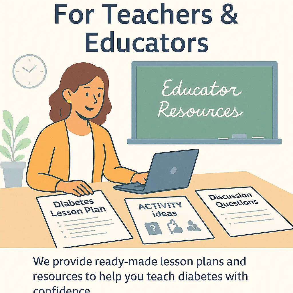 Female teacher reviewing diabetes lesson plans and activity ideas at her desk, with a laptop and a chalkboard labeled “Educator Resources” in the background