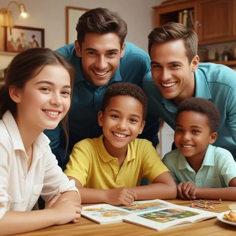 Smiling children and adults gathered around a table, enjoying a fun and educational moment with books and games.