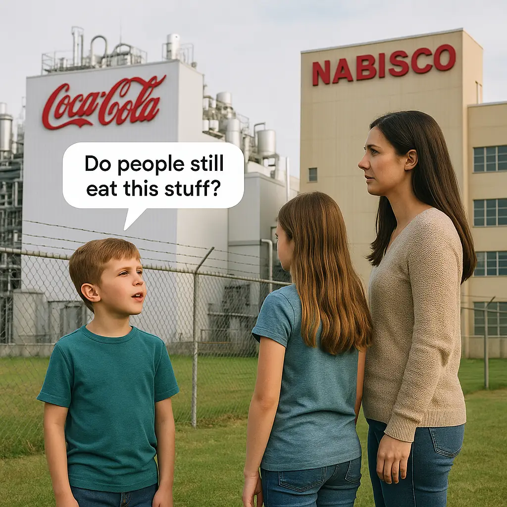 A young boy asks “Do people still eat this stuff?” as he stands with his mother and sister in front of Coca-Cola and Nabisco factories.