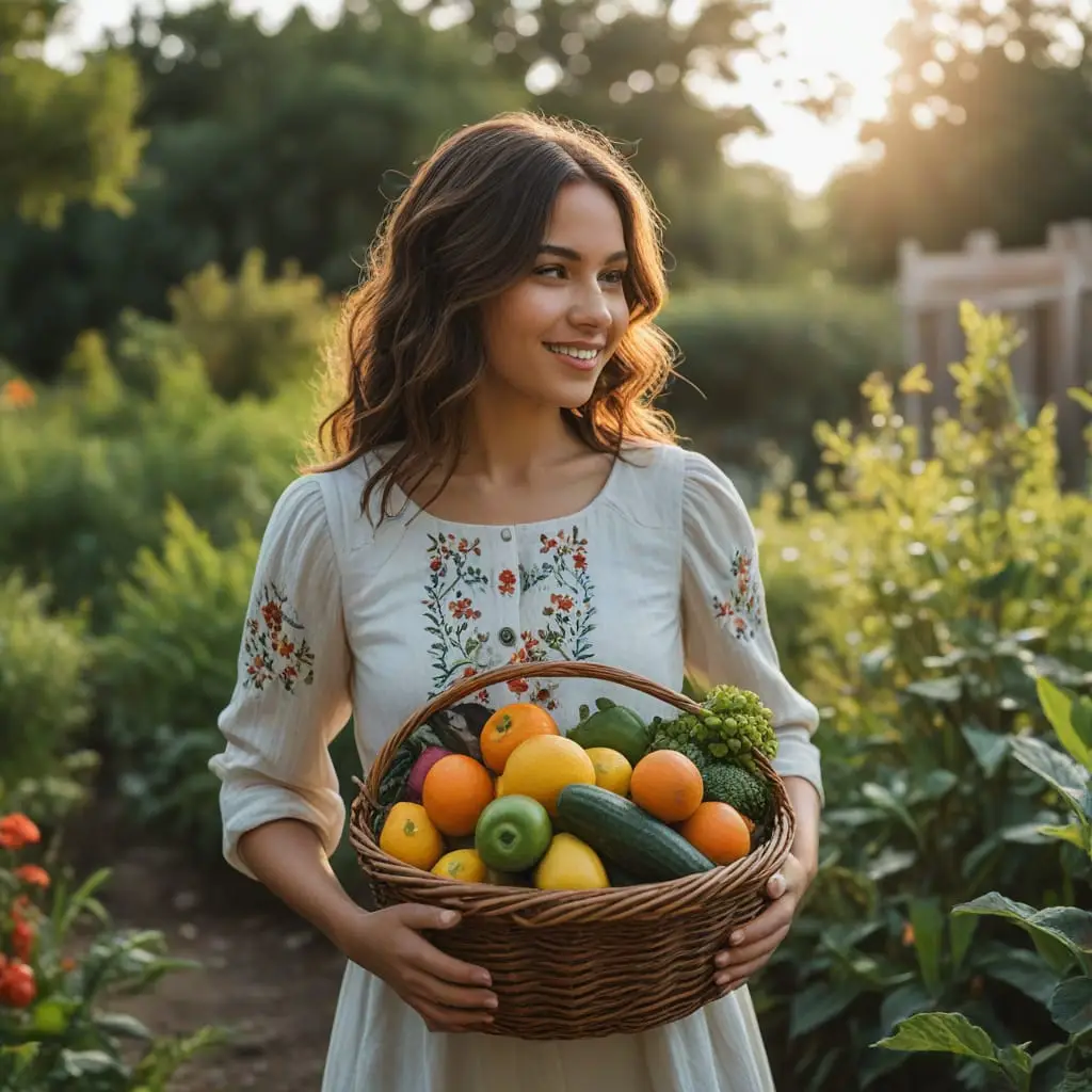 Young woman smiling in a garden while holding a basket filled with fresh fruits and vegetables.