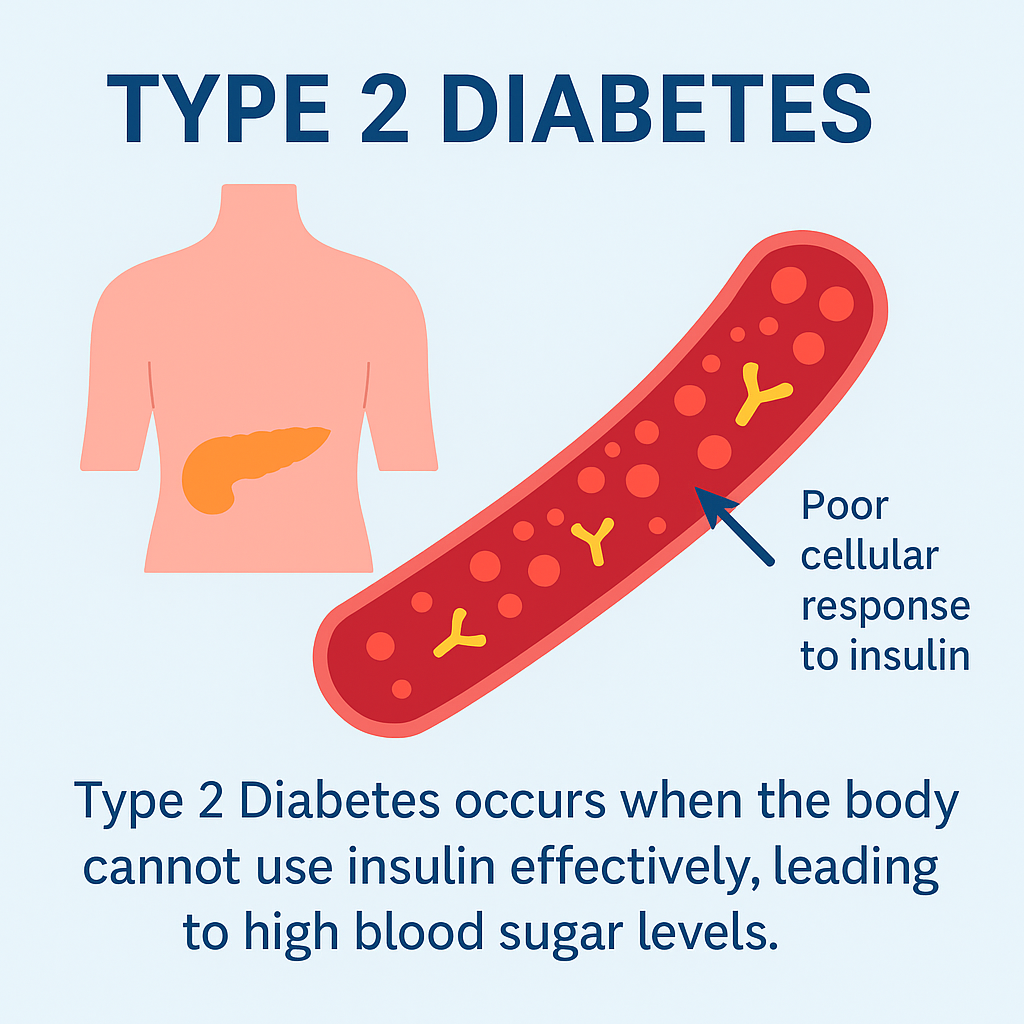 Type 2 Diabetes — insulin resistance diagram showing pancreas, blood vessel, and poor cellular response
